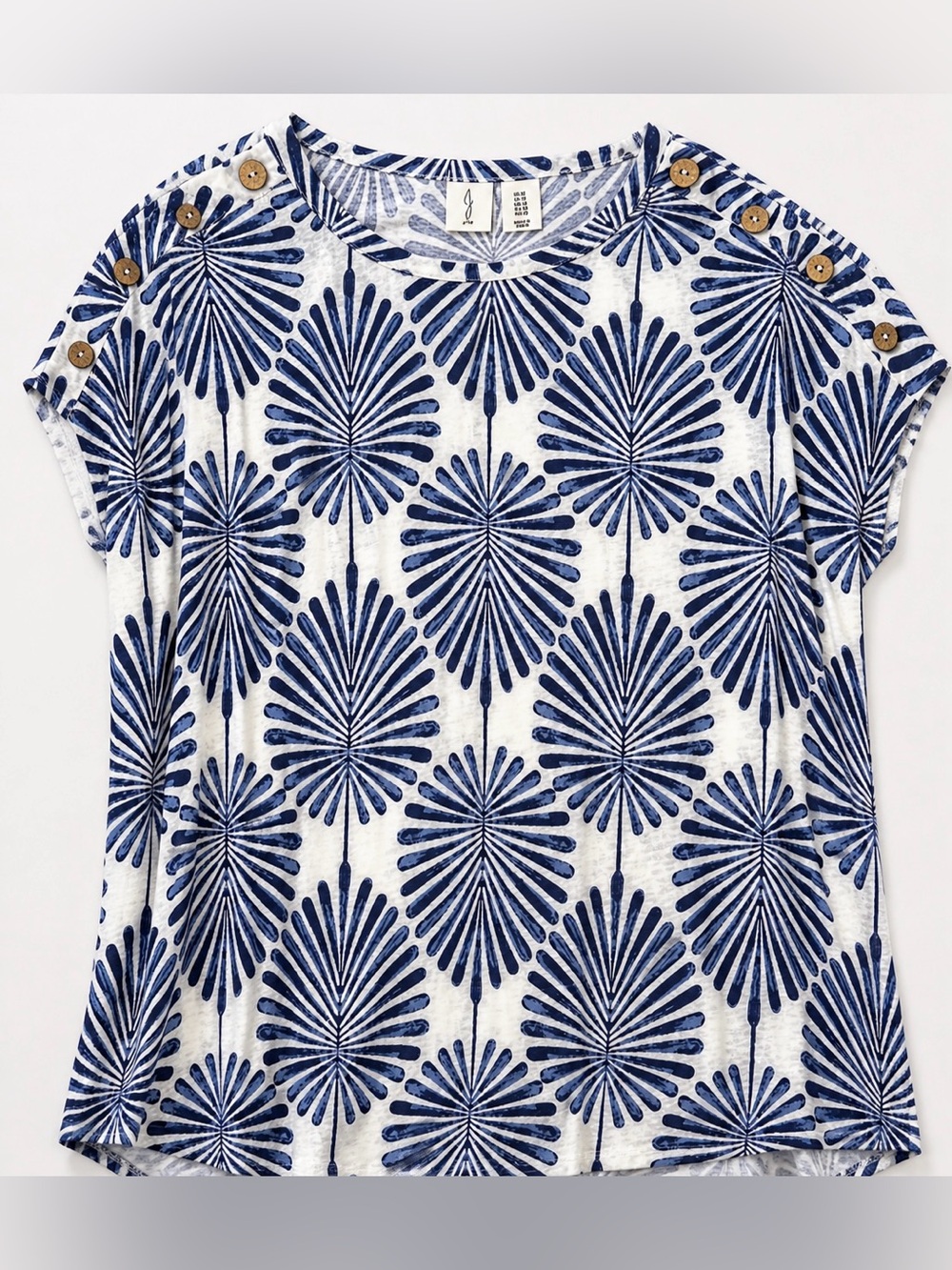 Joie Linen Blend Top 1X Blue White Coastal Print Button Shoulder Blouse